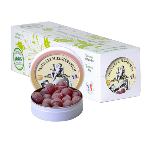 Pastilles Saint-Ange – Miel Géranium - Barquette de 10 boîtes